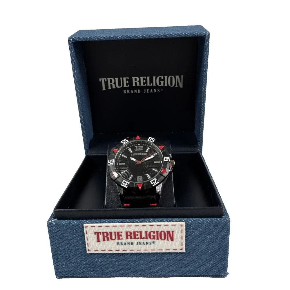 True Religion Men's Watch Black Red Buddha Dial Bracelet Box